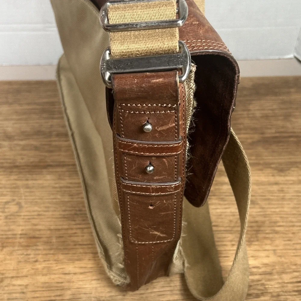 Fossil Messenger Bag‎ Men's Green Brown Nylon Leather Case Carry Distressed